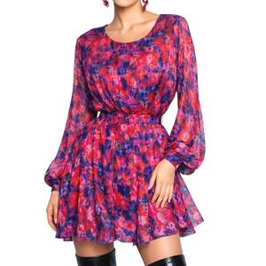 Skies Are Blue Romantic Floral Pleated Metallic Stripe Mini Dress Pink Blue S